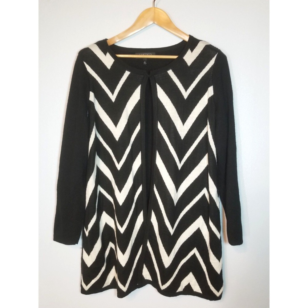 Kasper Black White Geometric Open Long Wool Blend‎ Knit Long Sleeve Cardigan 1X